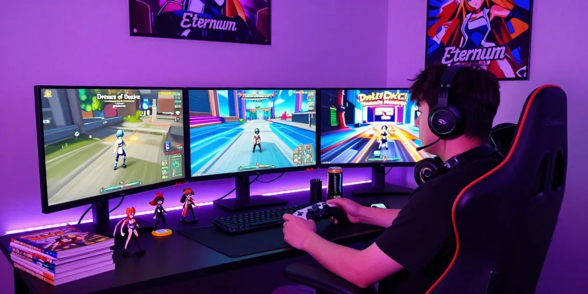 Incredible home gaming setup showcasing an immersive NSFW game experience with colorful lighting and action figures.