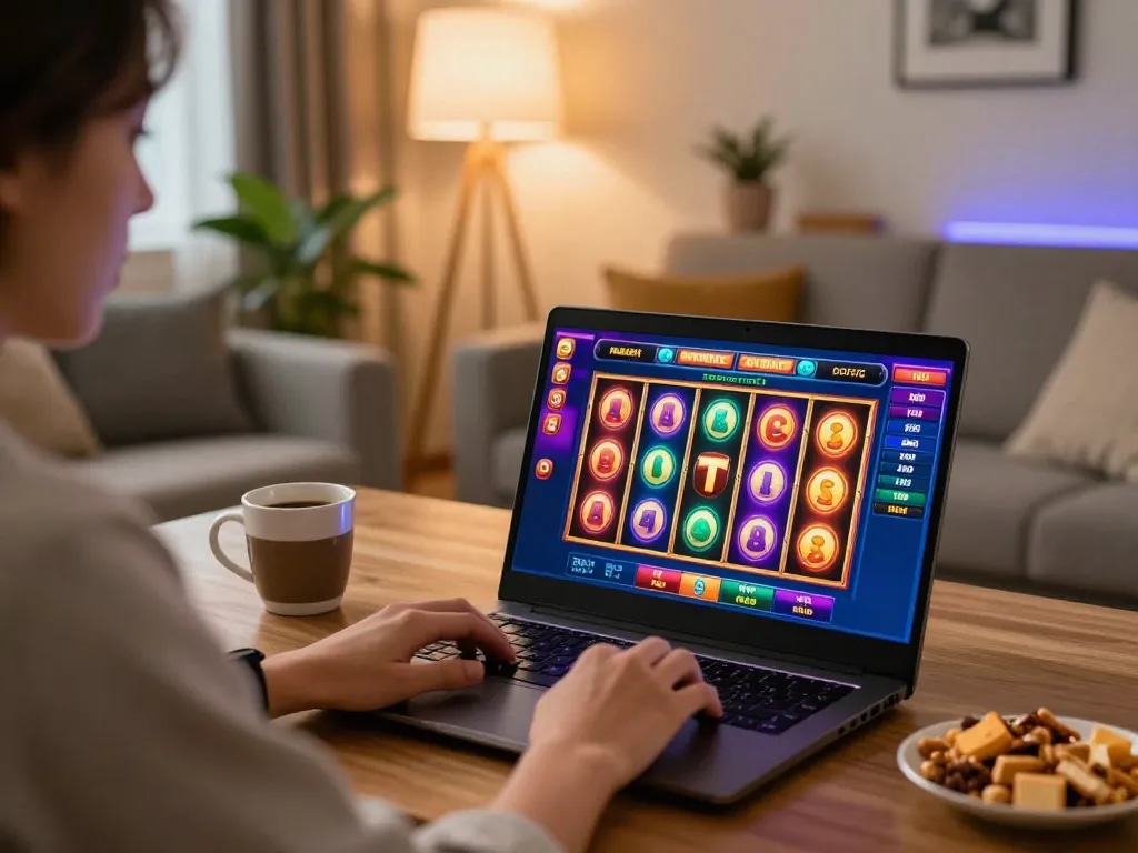 Player engaging with slot games on https://mm88.london/ laptop in cozy home atmosphere, emphasizing fun and leisure gaming.