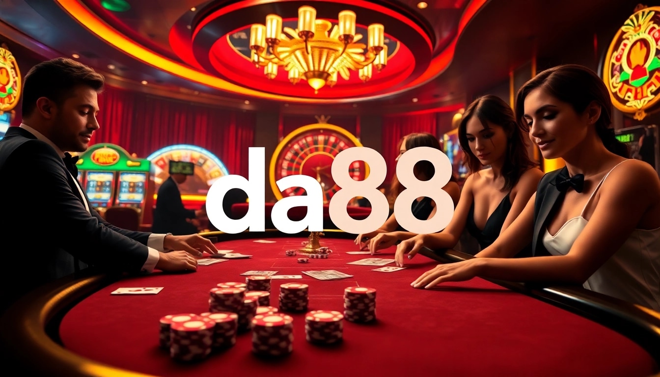 Players enjoy an exciting poker game at da88 casino table, surrounded by slot machines.
