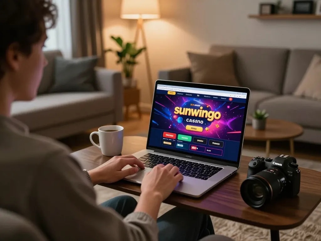 Engaging in a strategic online game session at sunwingo with a modern laptop setup in a cozy living room.