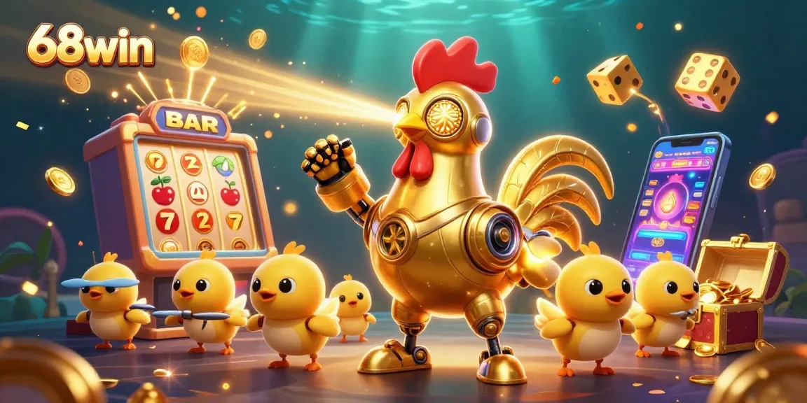 Experience 68win's thrilling atmosphere with a golden rooster robot and vibrant casino elements.