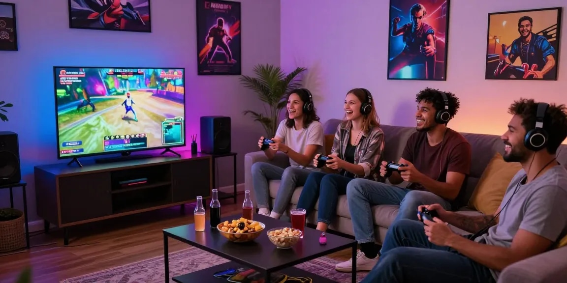 Engaging scene of friends playing porn game online in a cozy living room atmosphere.