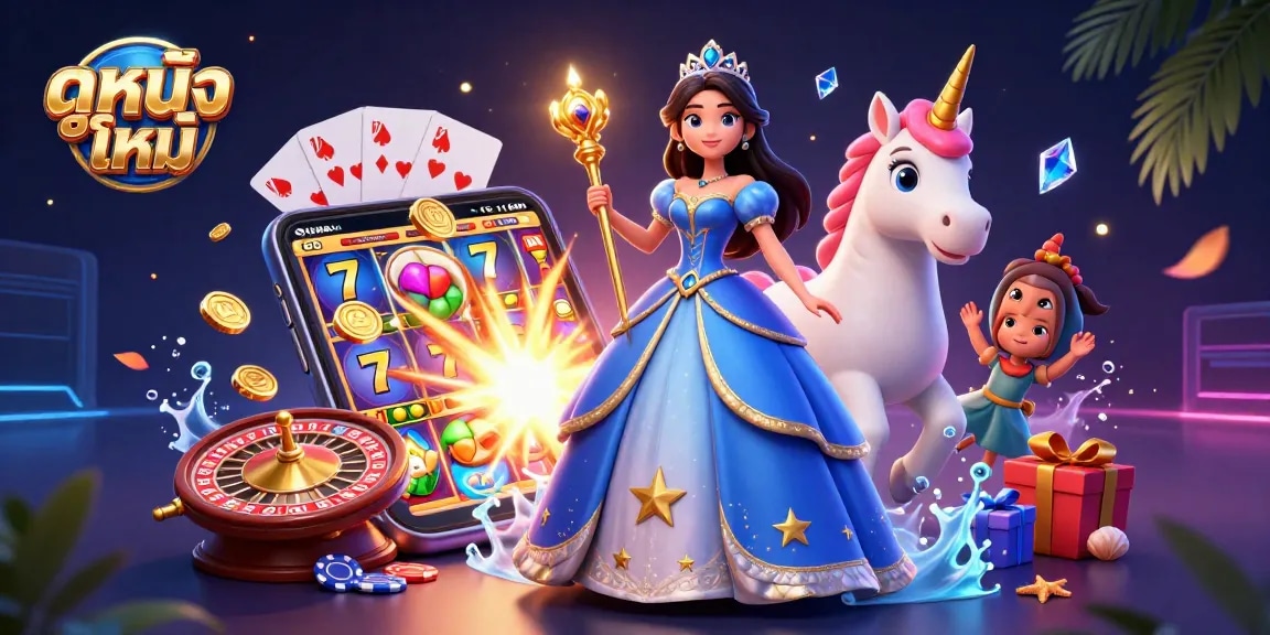 Experience ดูหนังใหม่ with a dazzling casino-themed 3D illustration full of slots and charm.