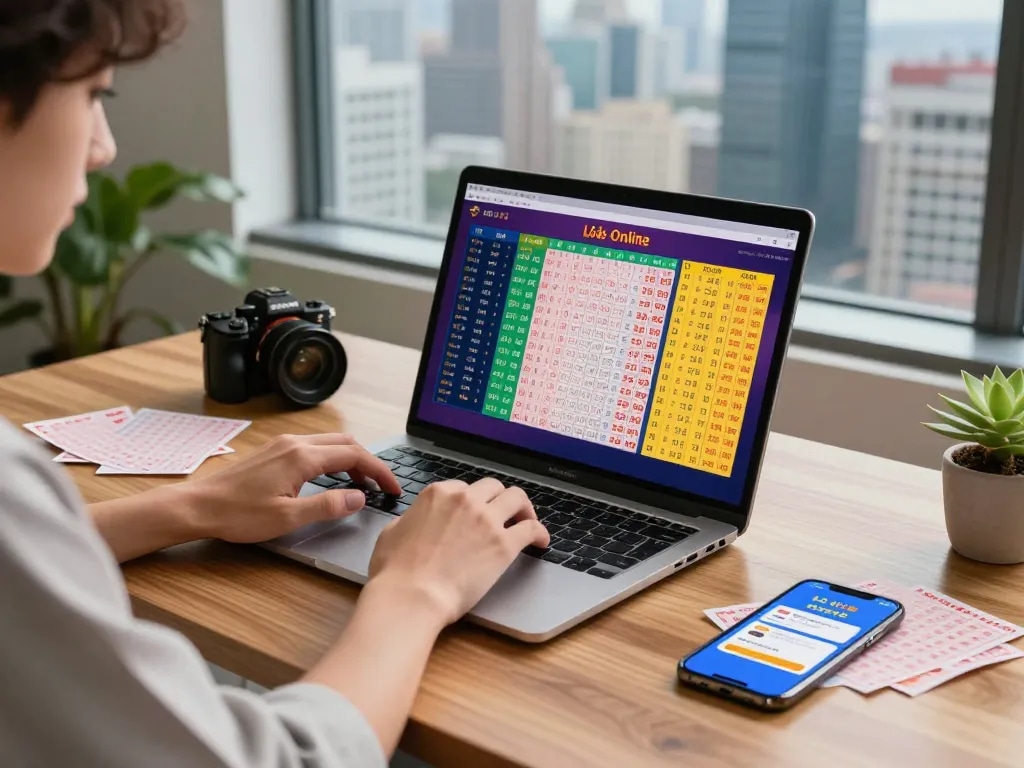 Engaging lô đề online betting experience featuring a person analyzing options and lottery tickets in a modern workspace.