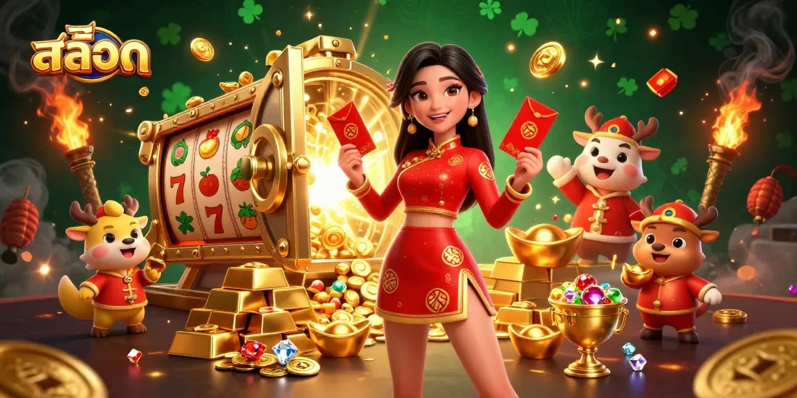 Spin to win on สล็อต with a vibrant Lunar New Year celebration, showcasing festive symbols and gold.