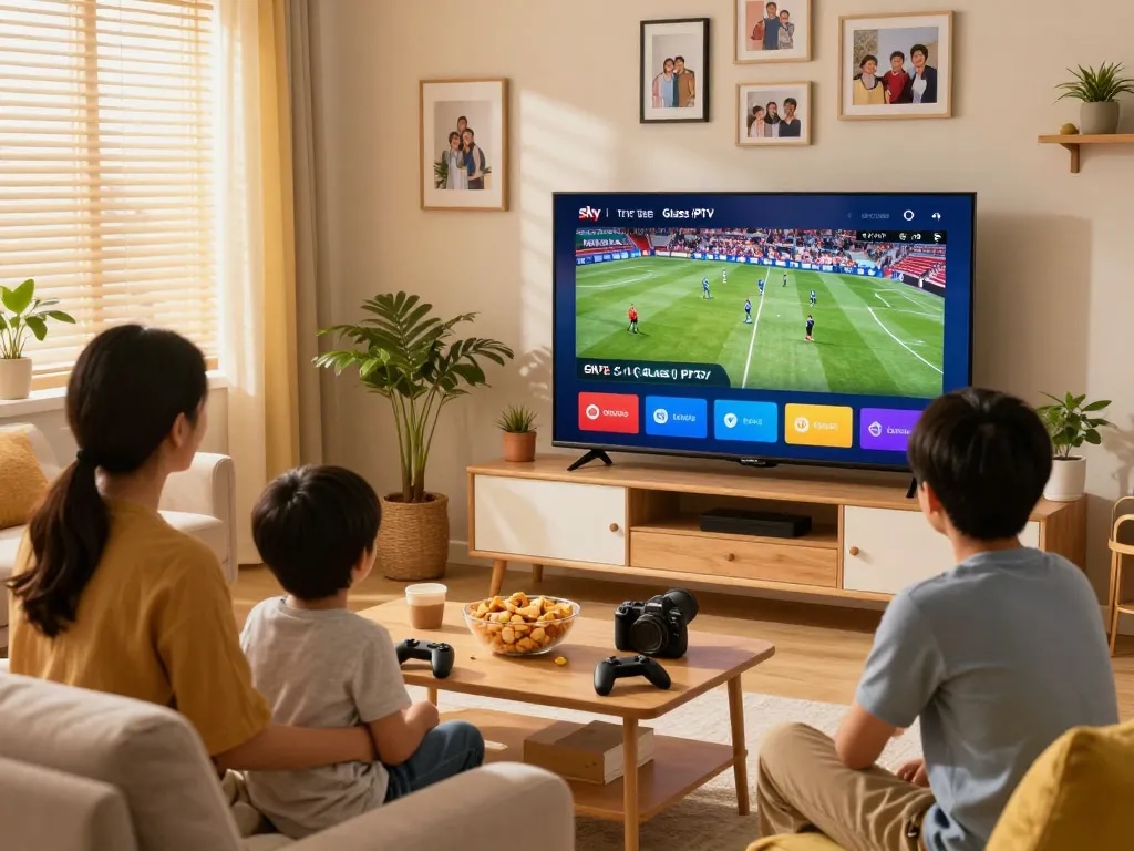 Family enjoying Sky Glass IPTV in a cozy living room with sports and entertainment.