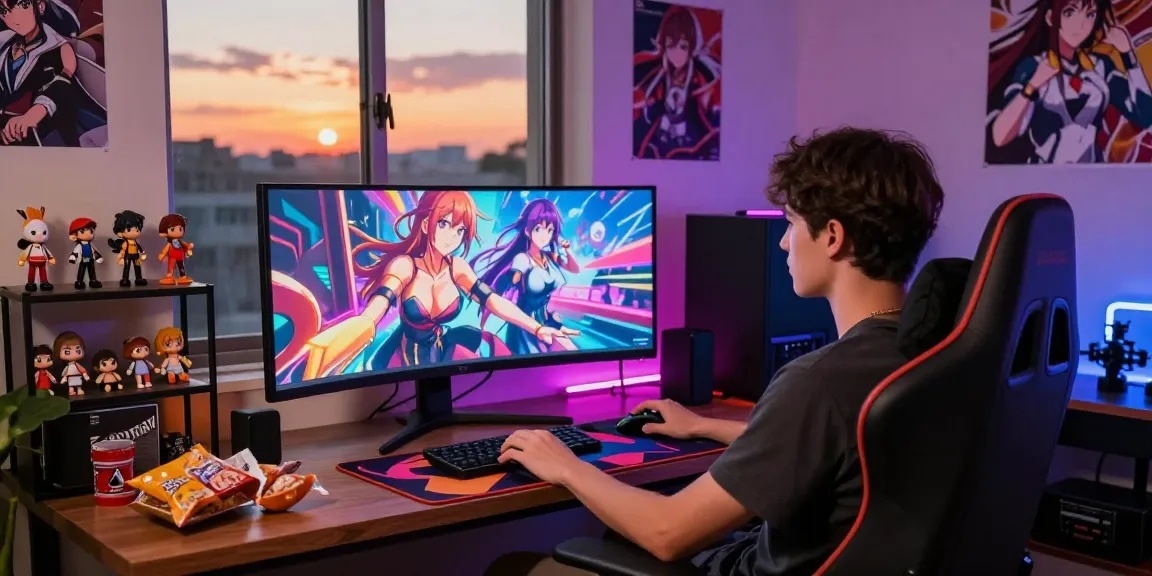Engaged gamer playing hentai games online in a cozy gaming room