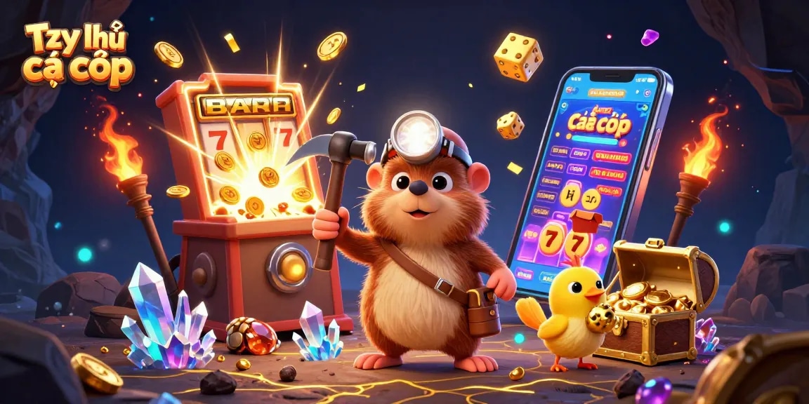 Engage in Tỷ lệ cá cược with this vibrant scene featuring a treasure hunter mole and dynamic gaming elements.