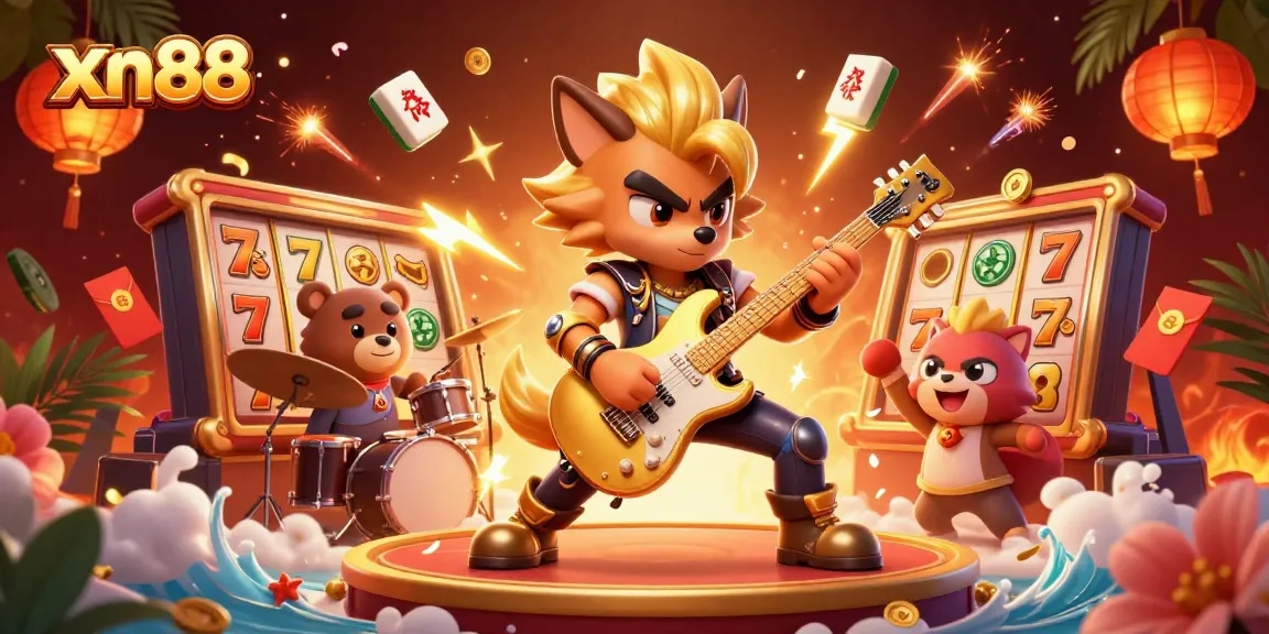 Experience the excitement at xn88 with vibrant slot reels and animated characters in a dynamic casino scene.