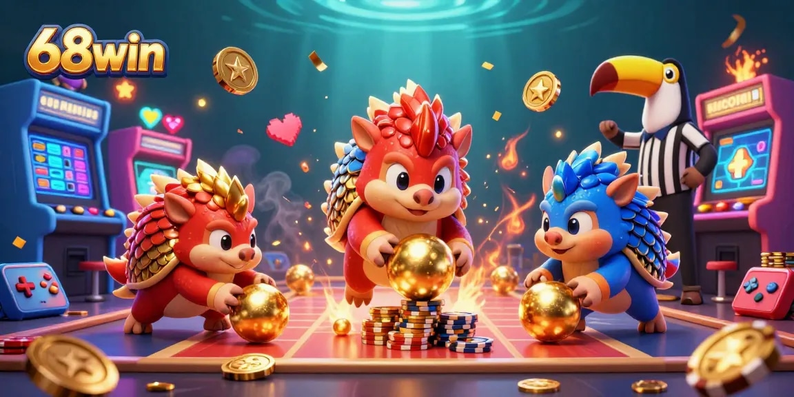 Engage with the thrilling games at 68win as cartoon pangolins roll through poker chips under vibrant lights.