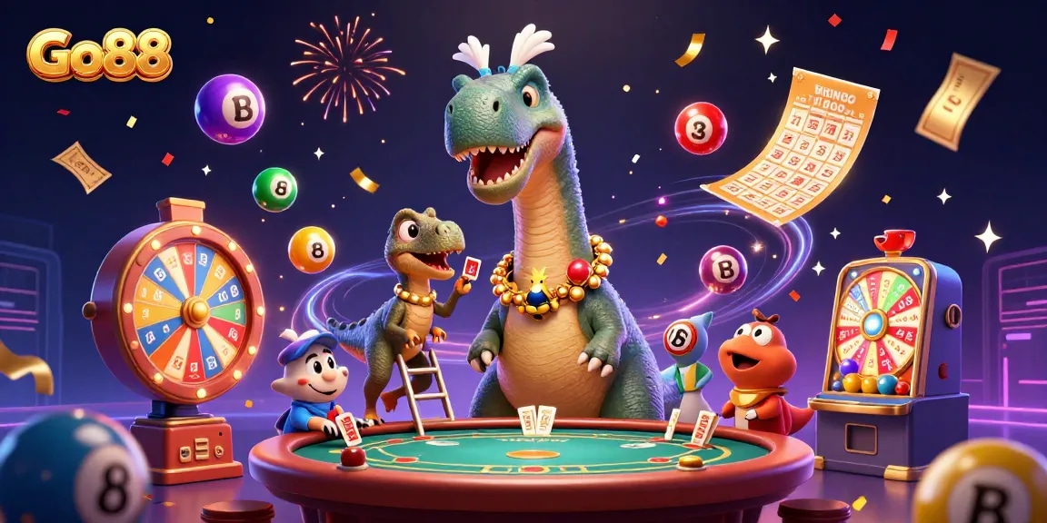 Join the excitement at Go88, witnessing a giant dinosaur deal cards above a vibrant casino scene.