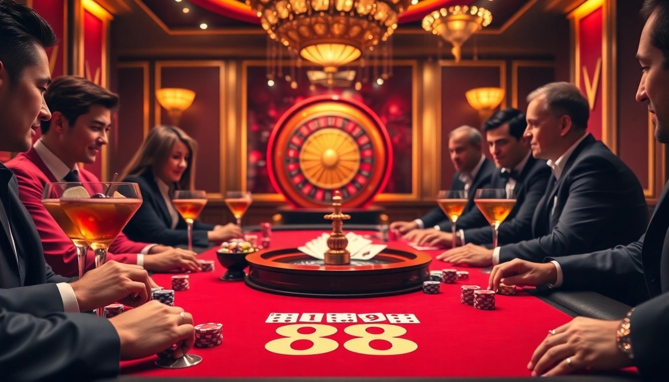 Experience the thrill of GO 88 at an upscale casino table with vibrant poker chips and players.