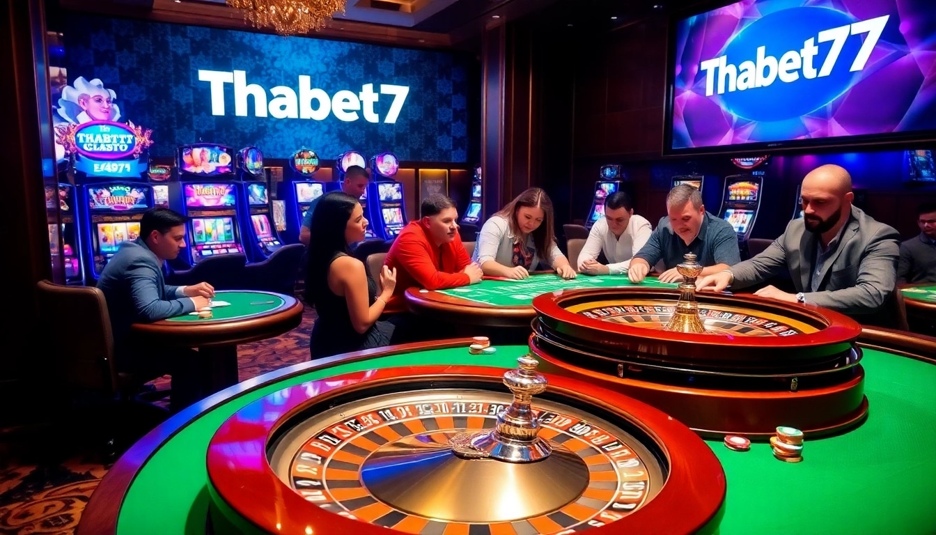 Players enjoying gambling at Thabet77 casino tables with roulette and poker games.
