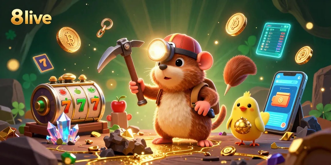 Experience the thrill of slots at 8live with a treasure hunter exploring for winnings in a vibrant cave.