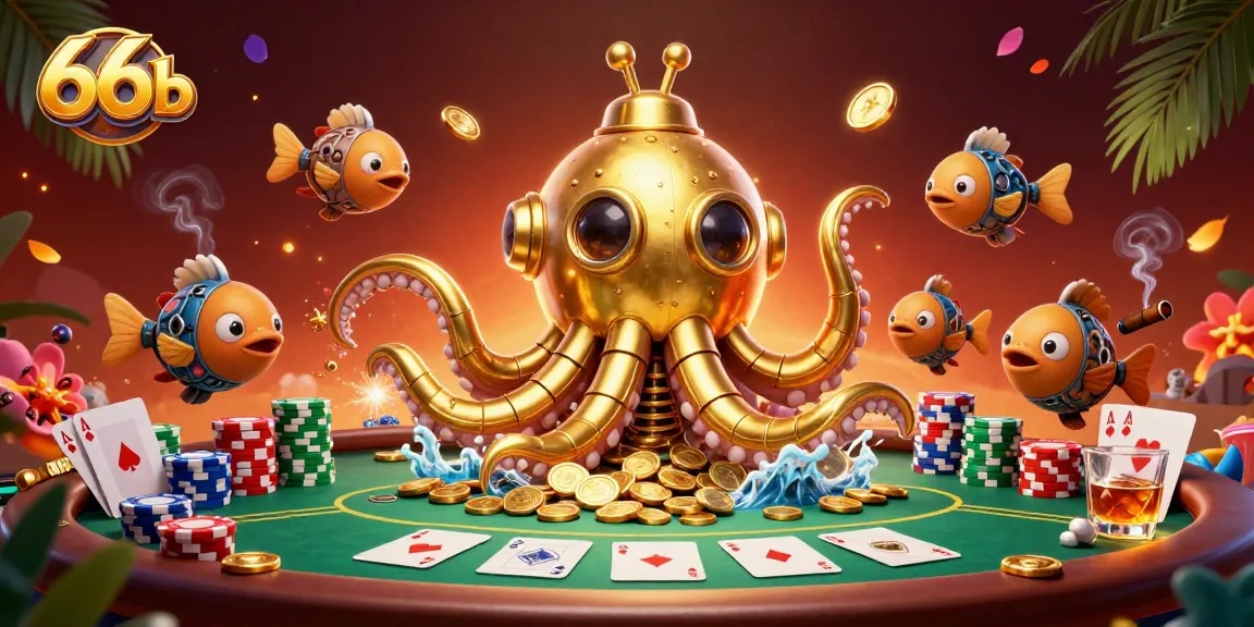 Engage with thrilling poker action in 66b, featuring a golden kraken submarine among colorful chips and cards.