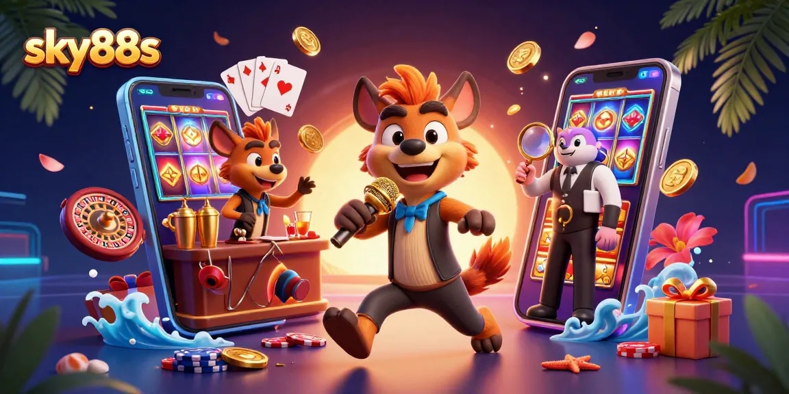 Experience the excitement at sky88s casino with hyenas in a comedy club surrounded by 3D gaming elements.