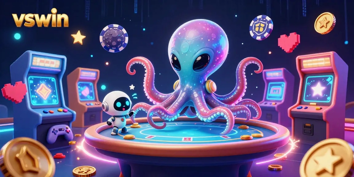 Engage in thrilling casino action with vswin as a vibrant alien octopus interacts with holographic poker elements.