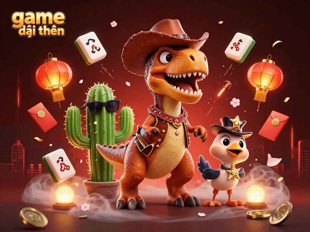 Engage in game đổi thưởng with a lively 3D scene featuring a T-Rex cowboy and dynamic casino elements.
