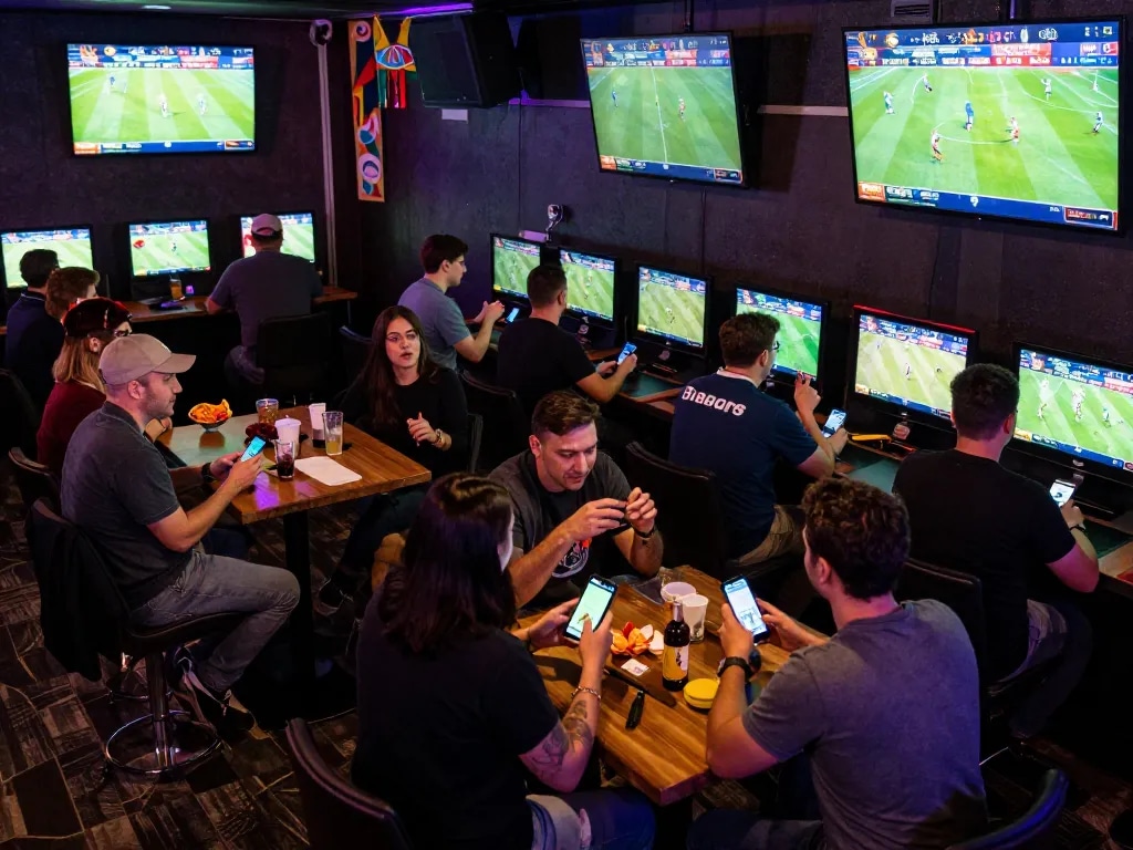 Sports bettors engaging with g28 app on smartphones during a major match at a vibrant sports bar.