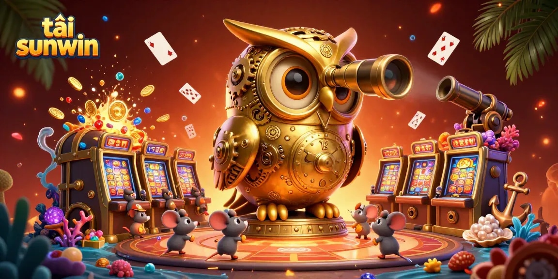 Tải sunwin for seamless casino gameplay as a golden owl oversees mouse patrons at slot machines.