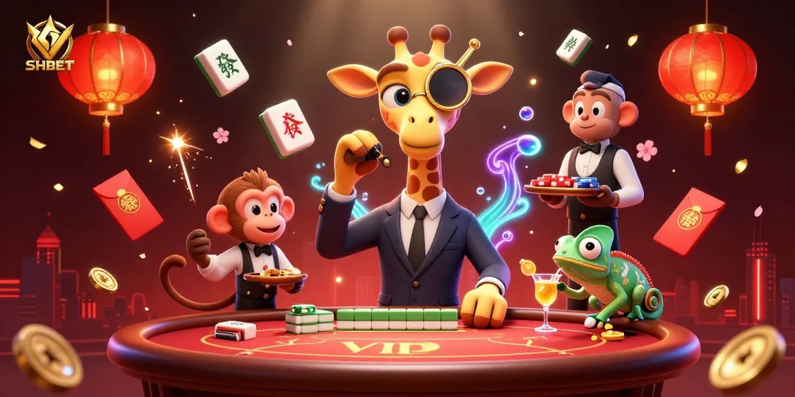 Experience the excitement of SHBET with a vibrant 3D casino scene featuring a high-roller giraffe and lively elements.