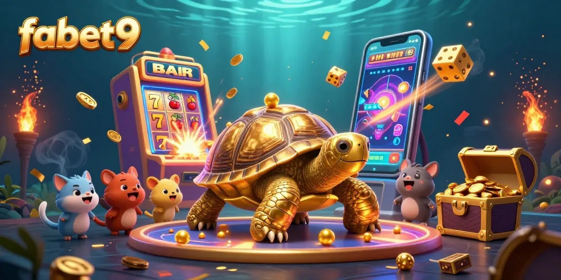 Experience fabet9's thrilling casino games with a vibrant golden tortoise pinball machine and dynamic slot machine bursting coins.