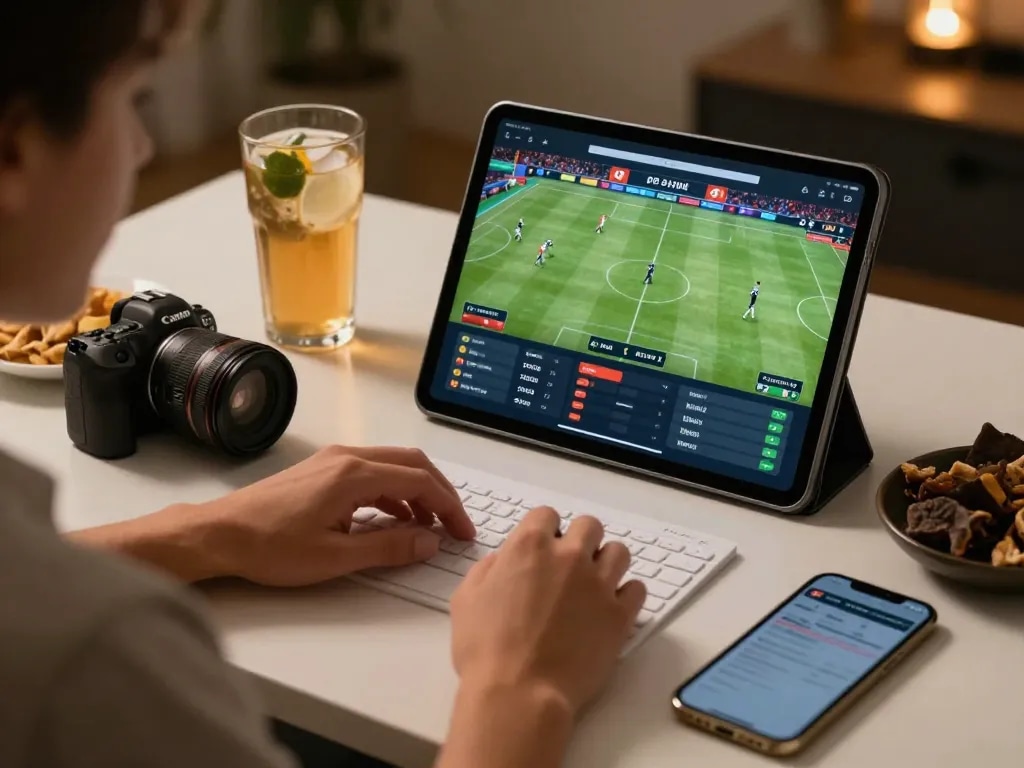 SHBET user placing live sports bets on a tablet at home, showcasing a modern betting atmosphere.