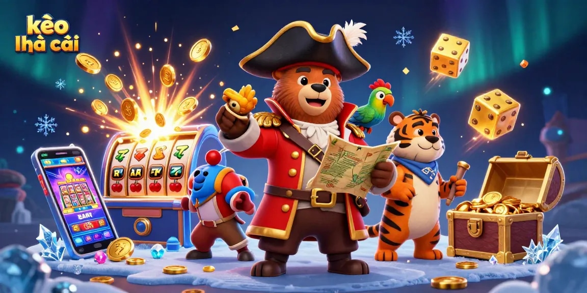 Engage with kèo nhà cái in this dynamic scene featuring a pirate bear and slot machines.