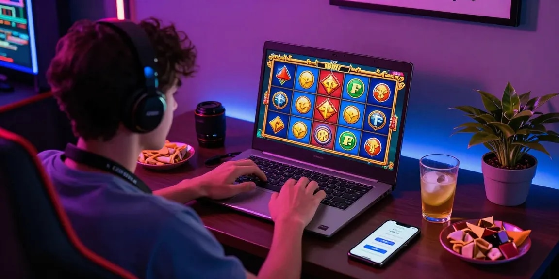 Experience deposit pulsa 10k tanpa potongan while playing slots online from a cozy gaming setup with snacks and LED lights.