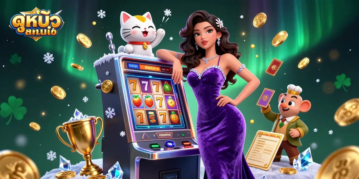 Play ดูหนังออนไลน์ at the casino with a glamorous lady enjoying a jackpot win next to a fortune cat.