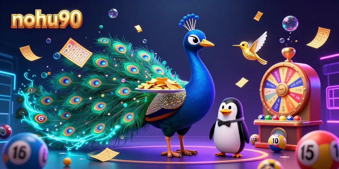 Join the vibrant nohu90 casino adventure as a peacock shines among colorful lottery elements and a golden penguin serves chips.