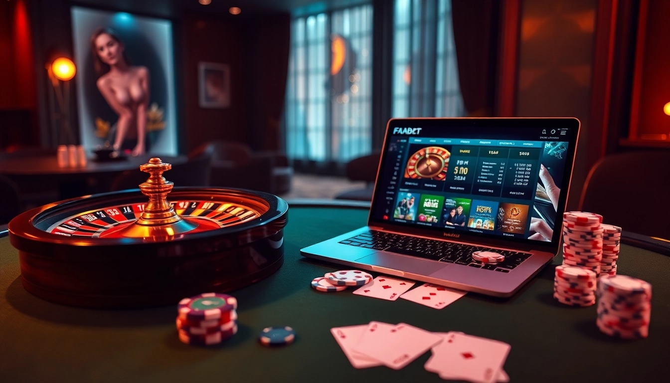 Experience excitement at Fabet's virtual casino with vibrant chips and cards on display.