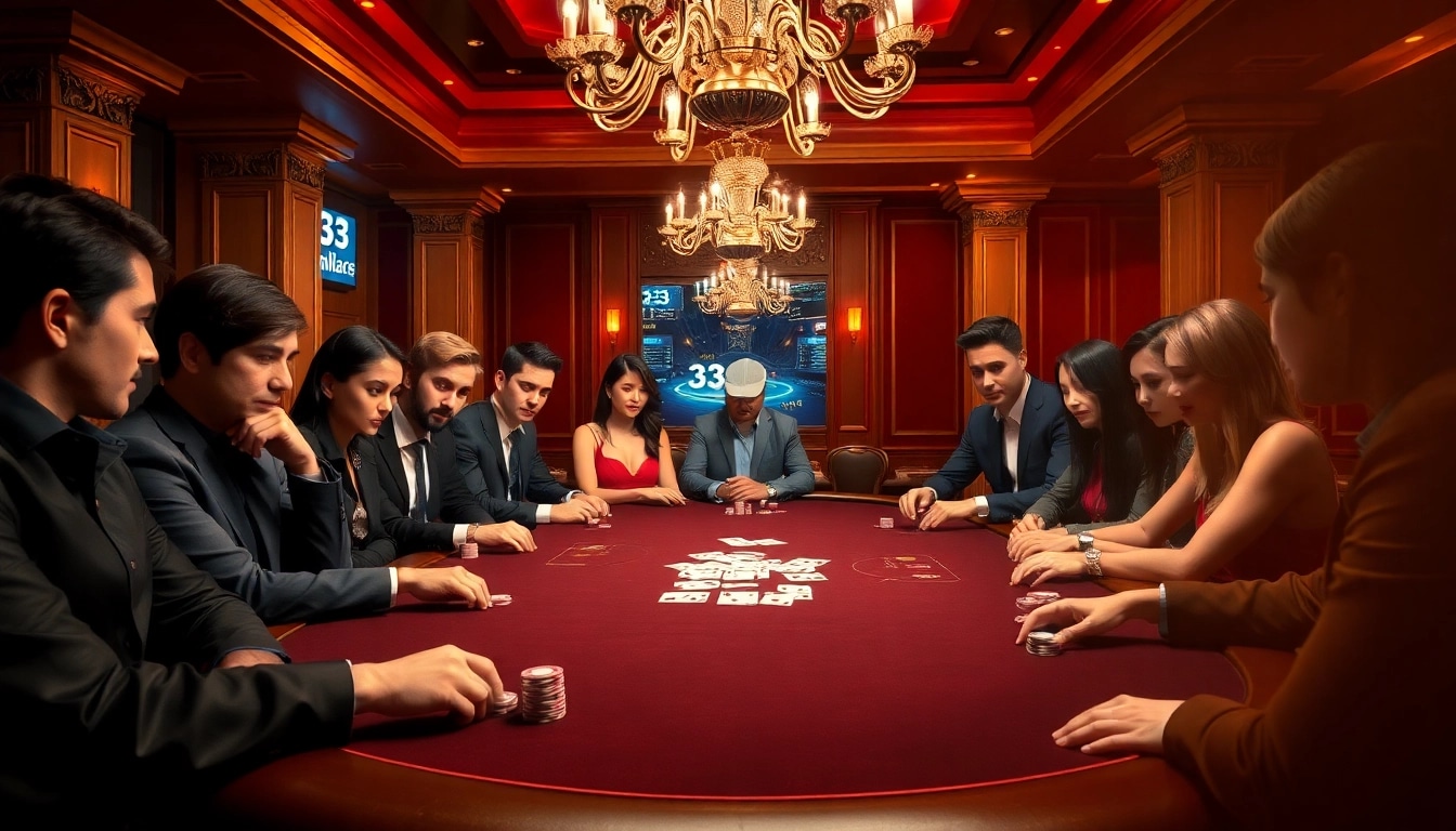 Engaged players enjoying poker at a vibrant casino table, reflecting the 33win.place experience.