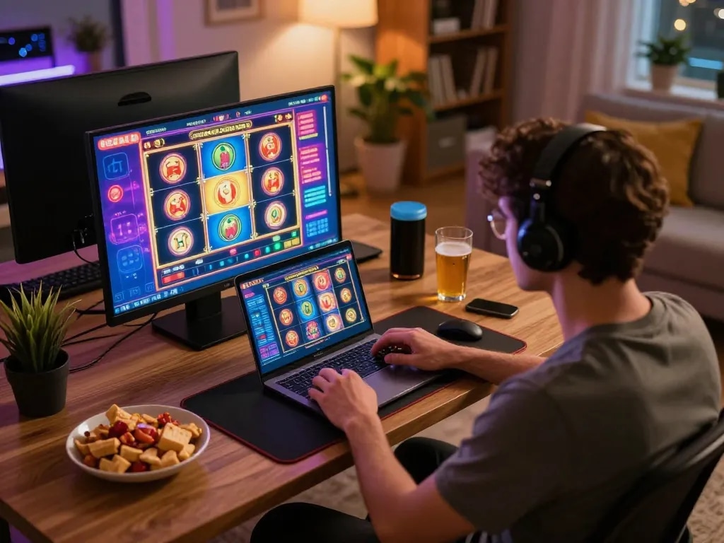 Engaging gameplay at https://ga88bet.com/ featuring vibrant online slots on a laptop during a cozy home gaming night