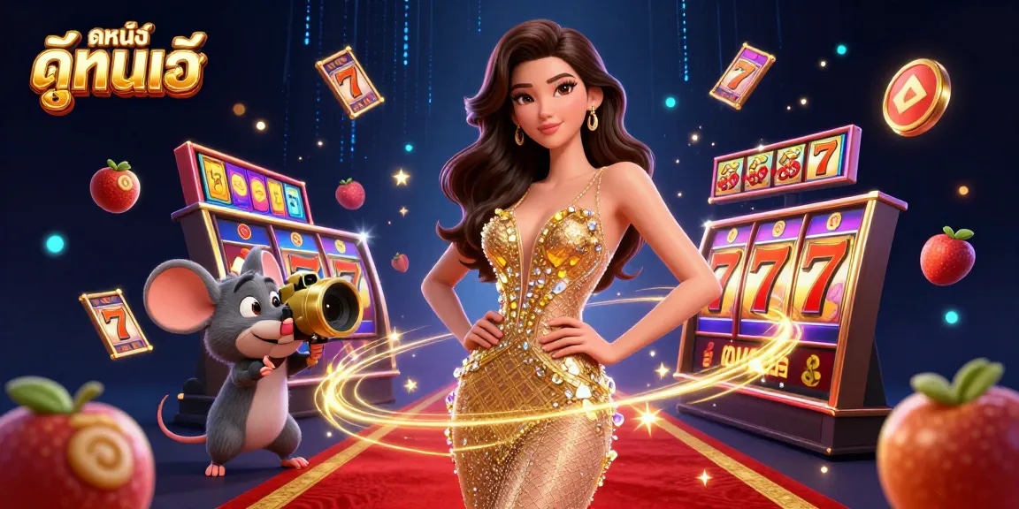 Experience ดูหนังออนไลน์ with engaging slot reels and vibrant casino elements in a digital scene.