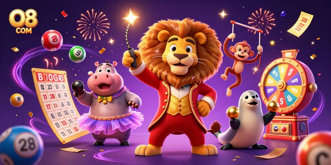 Experience vibrant fun at O8 COM with a lively circus of gaming characters and winning lottery elements.