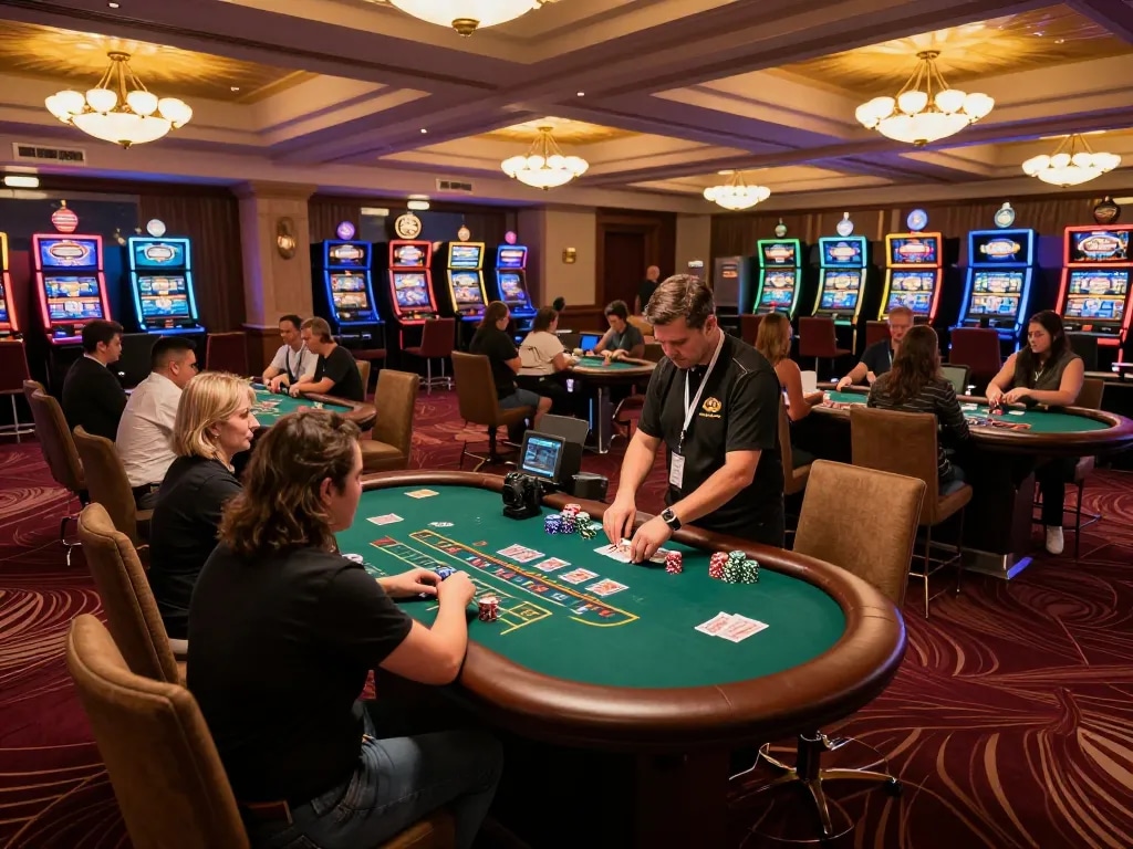 Hbet players engaging at a blackjack table in an upscale casino, vibrant atmosphere, dynamic gameplay.