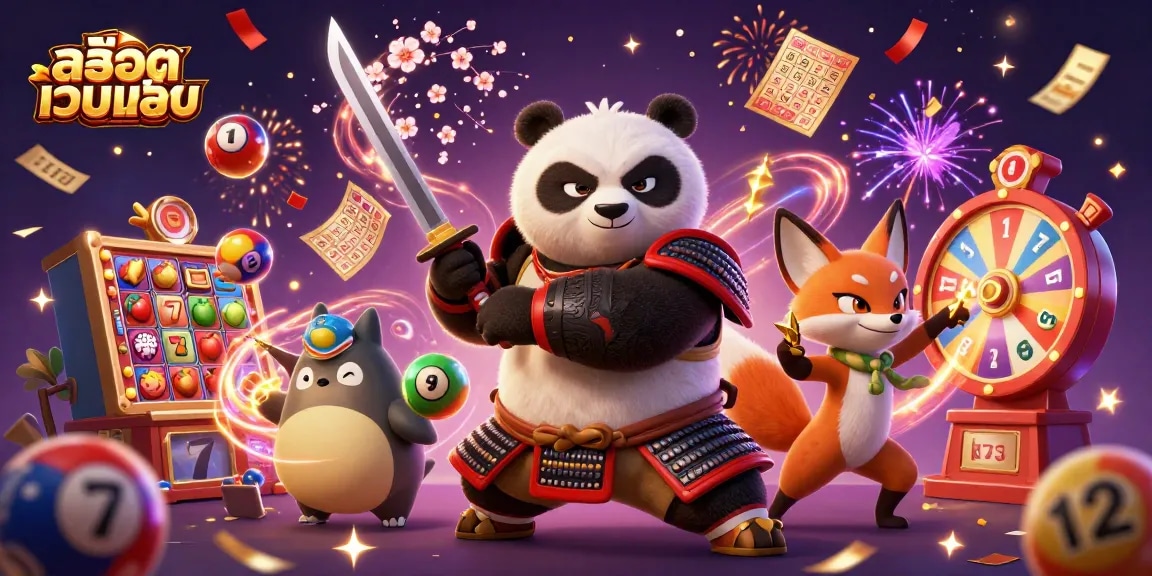 Experience the thrill of สล็อตเว็บตรง with a dynamic scene of samurai panda, ninja fox, and spirit tanuki.