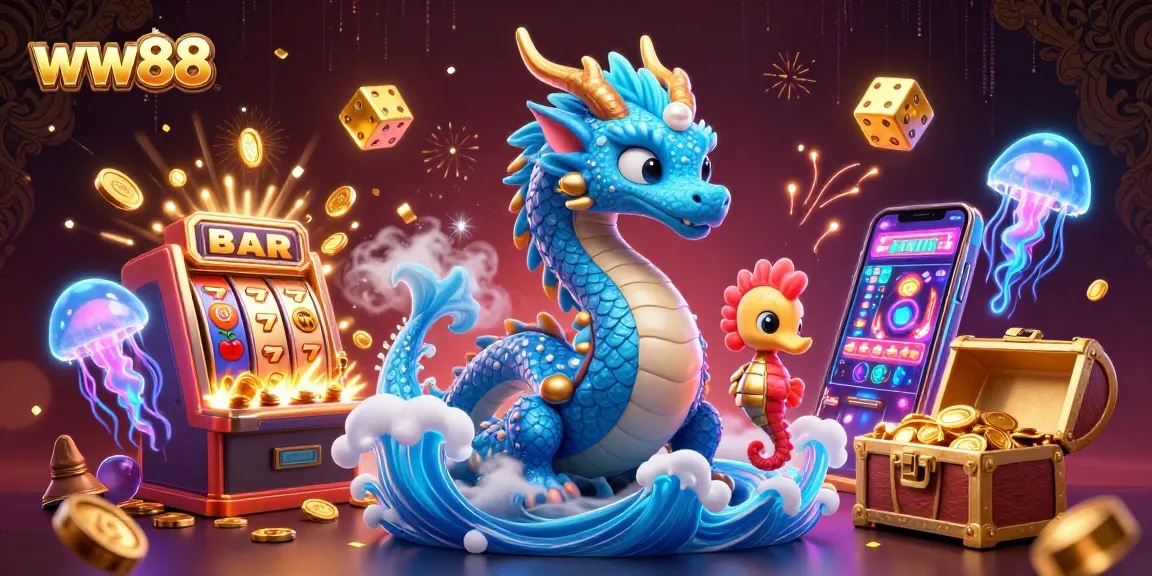 Spin the jackpot at ww88 with vibrant slot machines, coins, and underwater characters.