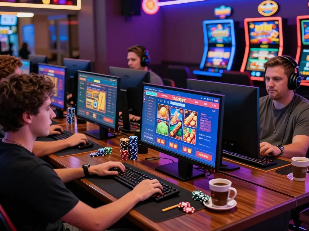 Experience excitement at Xibet.cam with diverse players enjoying online gambling, showcasing user-friendly games and vibrant casino atmosphere.