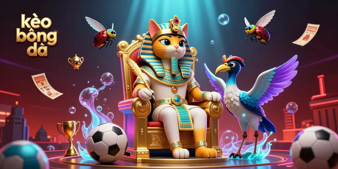 Engage with dynamic kèo bóng đá visuals showcasing Egyptian cat royalty amidst vibrant sports betting elements.