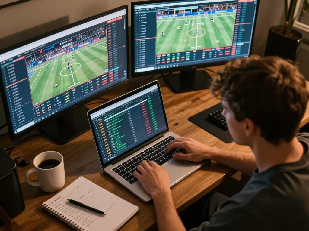 Excitedly analyzing tỷ lệ kèo nhà cái on laptop during online sports betting strategy session.