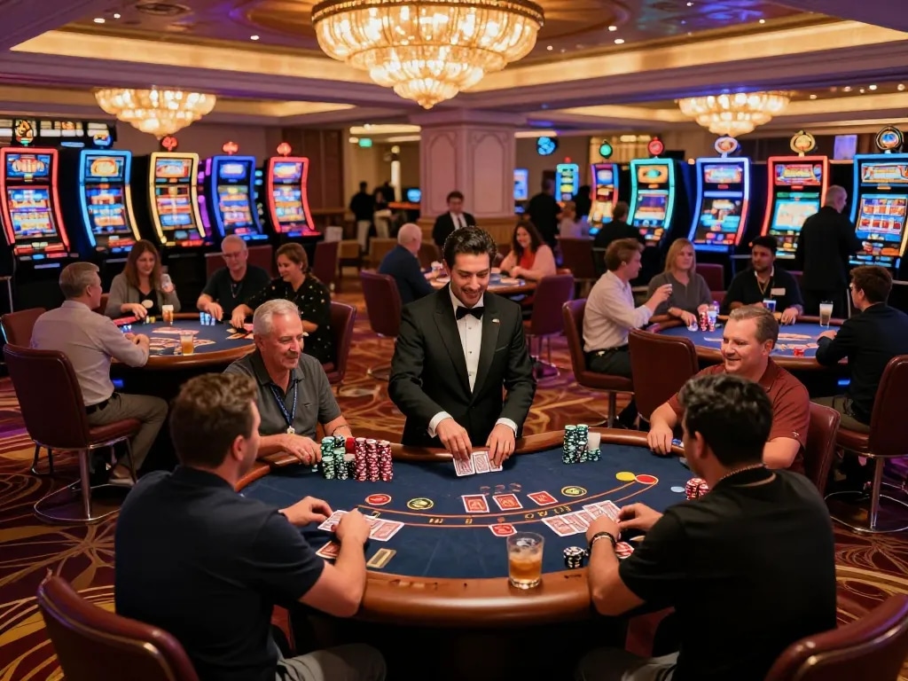 MM88 players enjoying a thrilling game on an upscale casino floor with vibrant atmosphere and dealers managing bets.