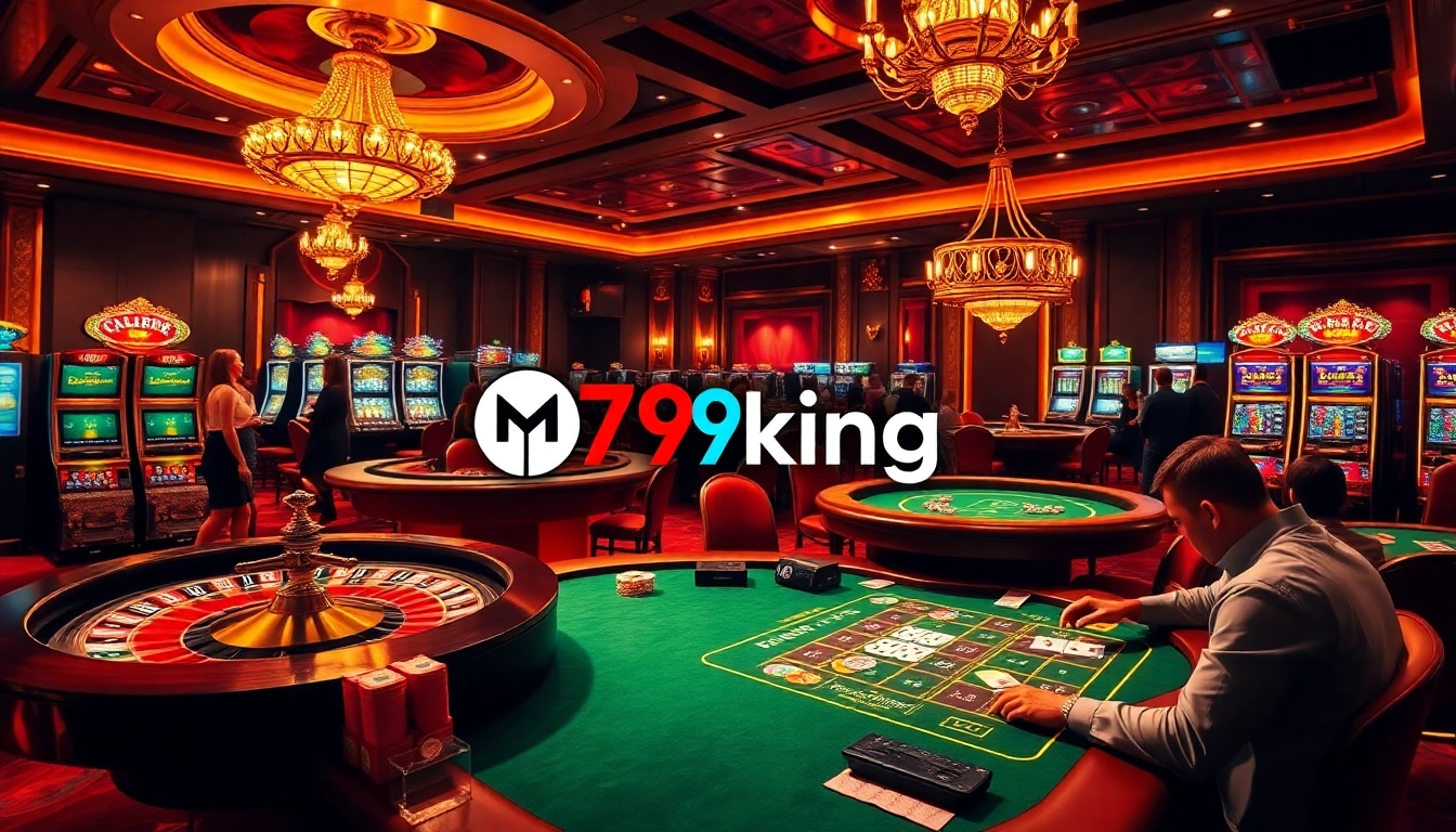 Engaging players at a luxurious casino table featuring 79king brand poker chips and bright slot machines.