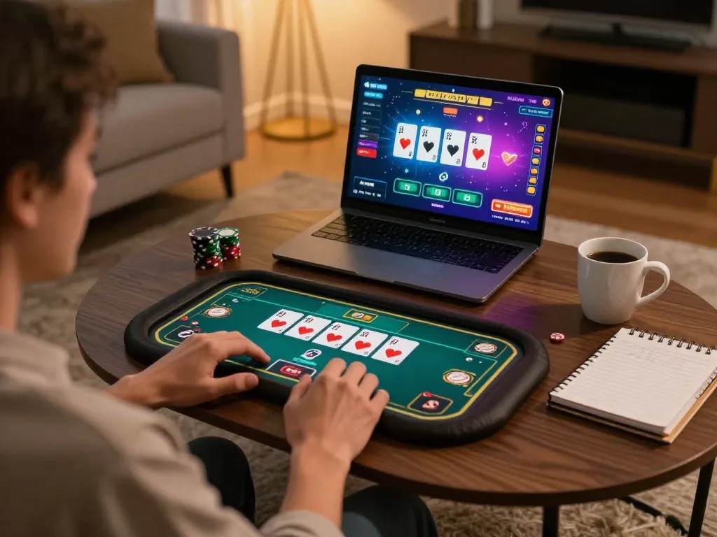 Engaging in a live poker game on tg88's online platform showcasing a modern home setup