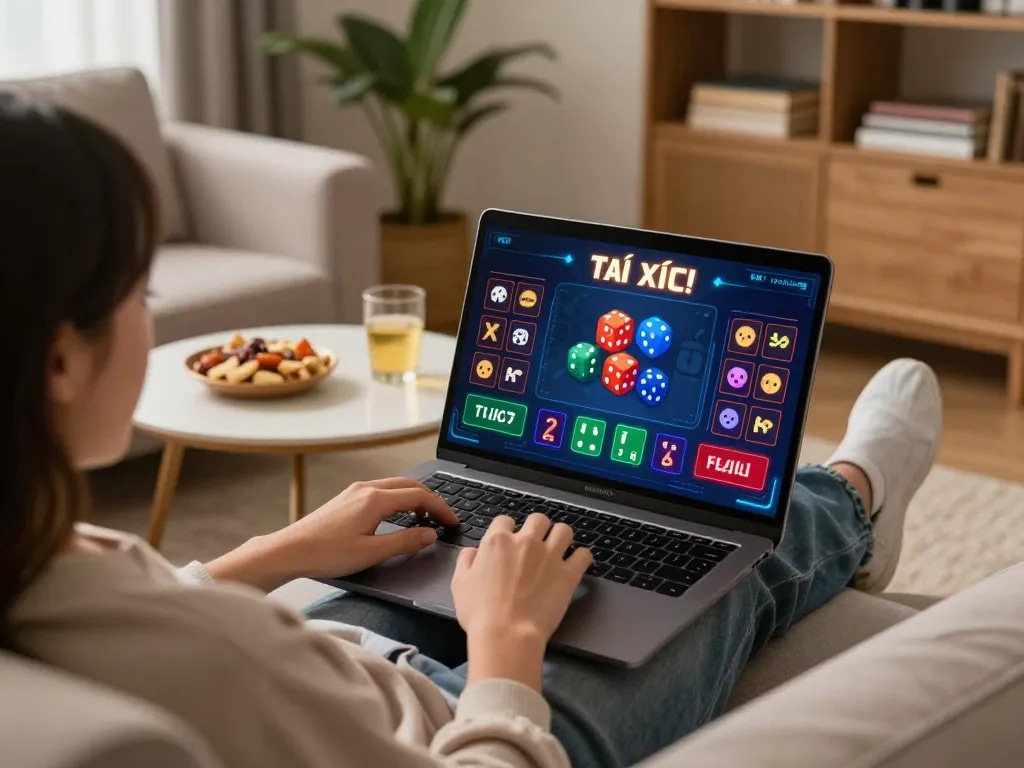 Tài xỉu online gaming session at home with a player engaged on a laptop.