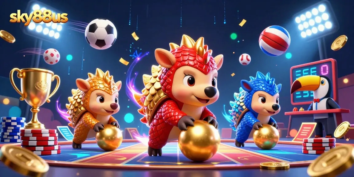 Experience the thrilling atmosphere of sky88us with rival pangolins competing in a dynamic casino scene.