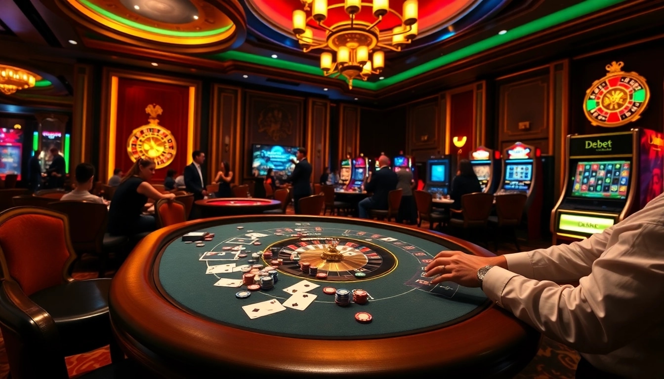 Engaging casino scene featuring debet tables with players and vibrant slot machines.