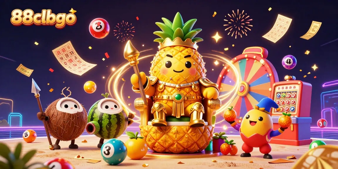 Win big with 88clbgo in a festive casino scene featuring colorful lottery balls and golden prizes.