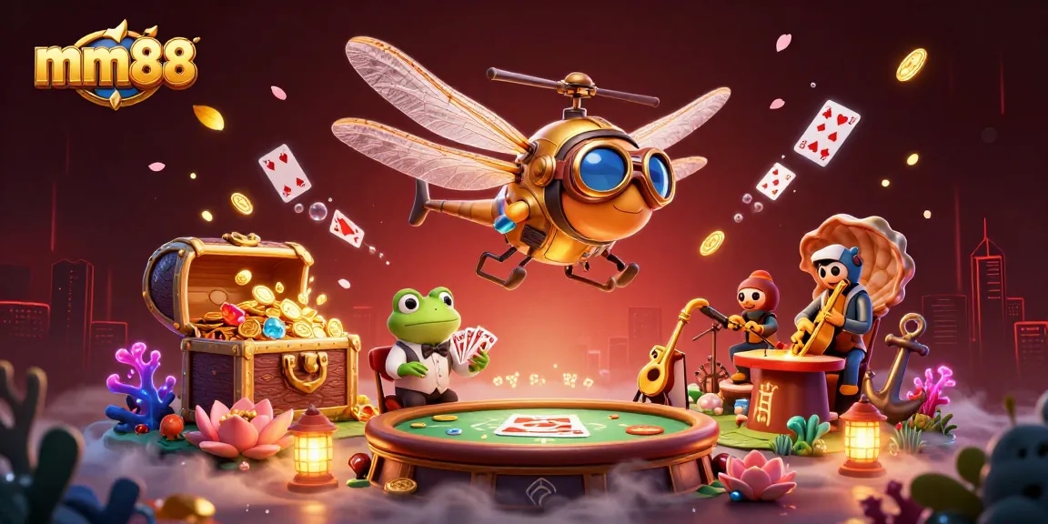 Experience thrilling adventures with mm88 as a dragonfly pilot and frog croupier in a vibrant casino.